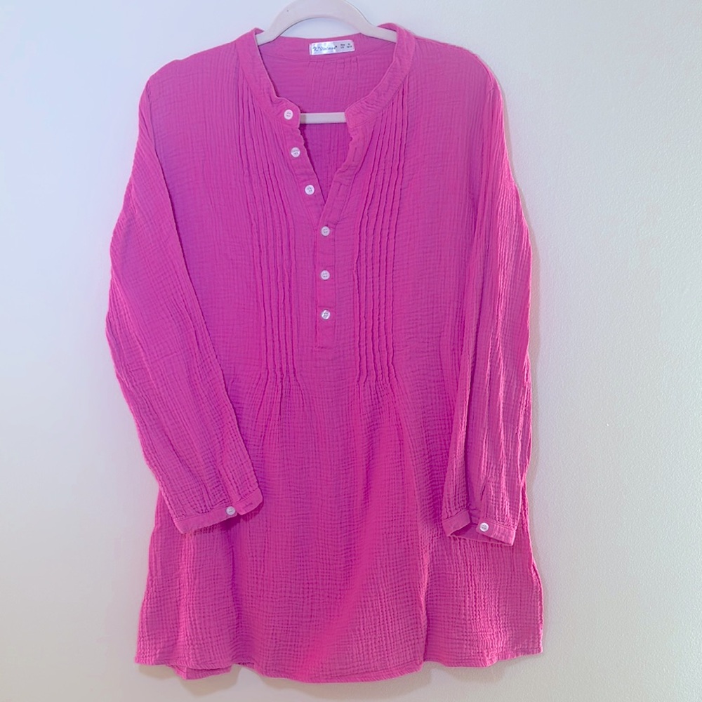 Boutique Bright Pink Pintuck Button-Up GauzeTunic   Cotton Sz XL